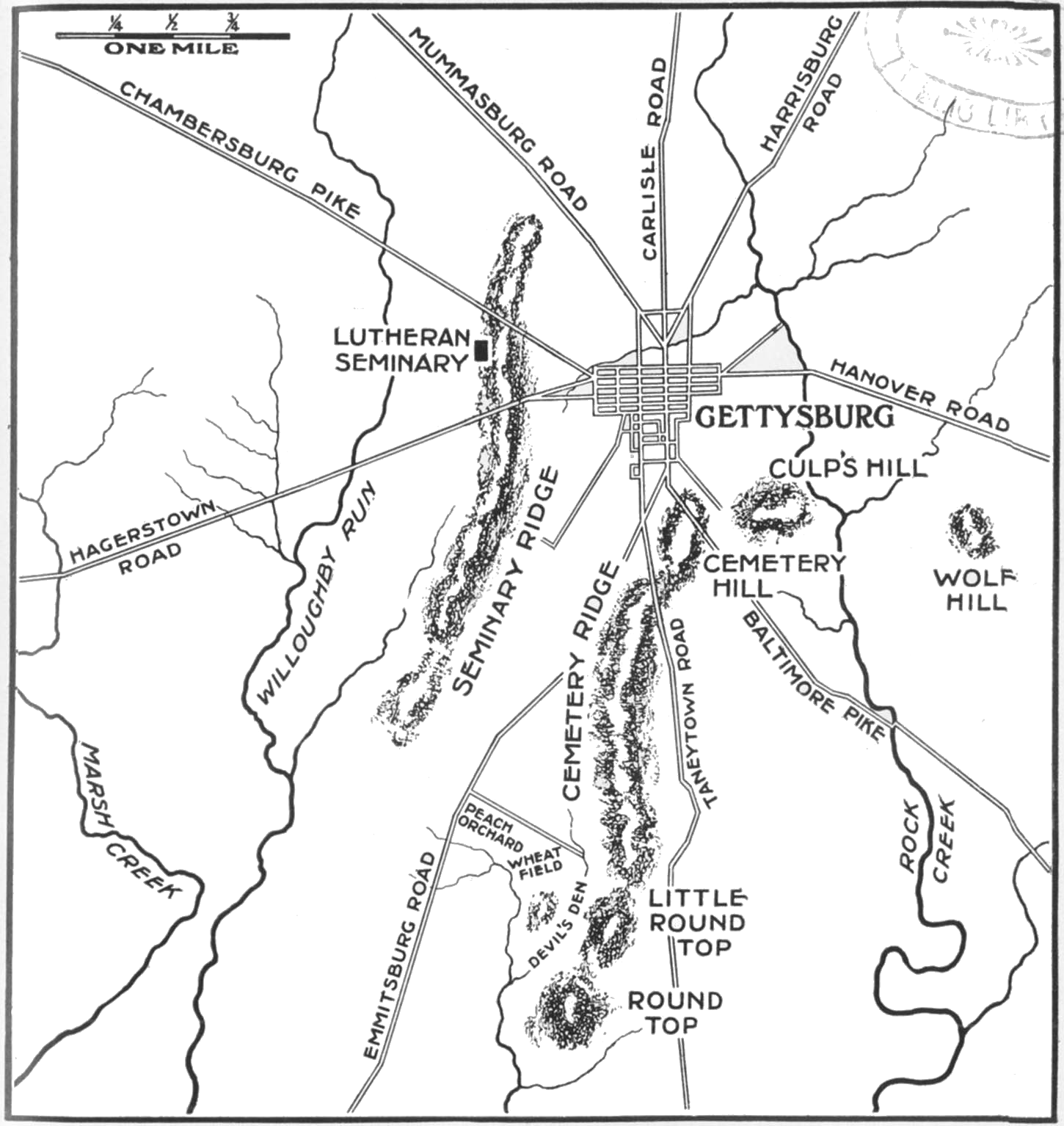 Printable Gettysburg battlefield map showing Gettysburg town, Seminary Ridge, Cemetery Ridge, Cemetery Hill, Little Round Top, Devil's Den, roads, and nearby terrain features